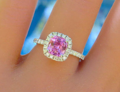 14k white gold Cushion Natural Pink Sapphire and Diamond Halo Engagement Ring