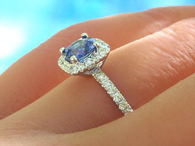 Ceylon Cushion Cut Sapphire and Diamond Ring in 14k white gold