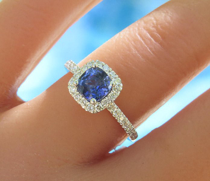 Classic Ceylon Cushion Cut Sapphire and Diamond Engagement Ring in 14k white gold