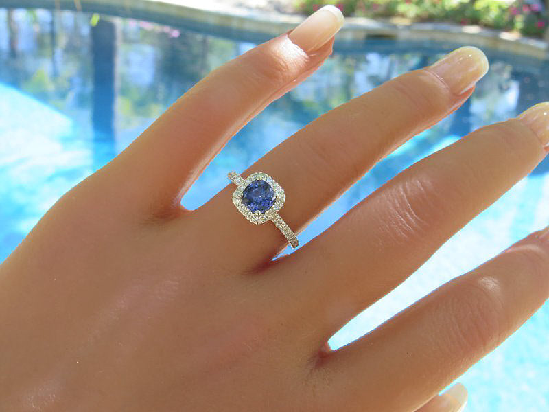 Ceylon Cushion Cut Natural Cornflower Blue Sapphire and Diamond Halo  Ring in 14k white gold
