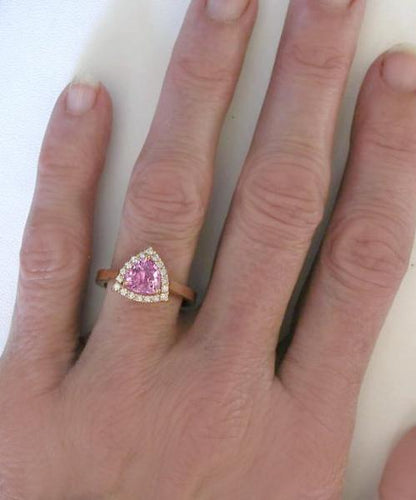 1.57 ctw Trillion Pink Sapphire and Diamond Ring in 14k rose gold