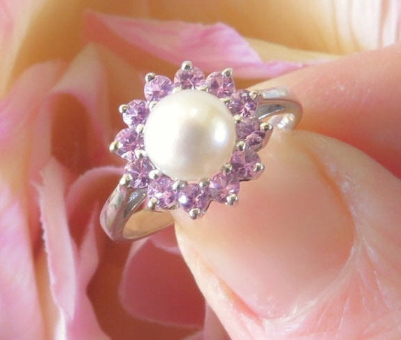 Round Cultured Pearl and Round Pink Sapphire Ballerina Style Ring in 14k white gold