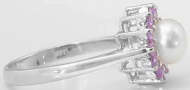 Fresh Water Pearl and Natural Pink Sapphire Ballerina Style Ring in 14k white gold