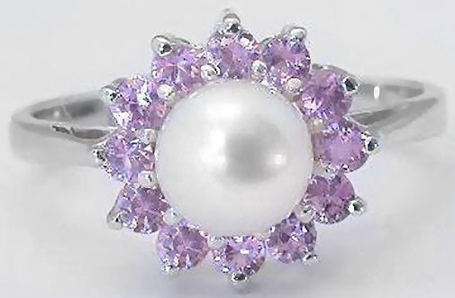 Round Cultured Pearl and Round Pink Sapphire Ballerina Style Ring in 14k white gold