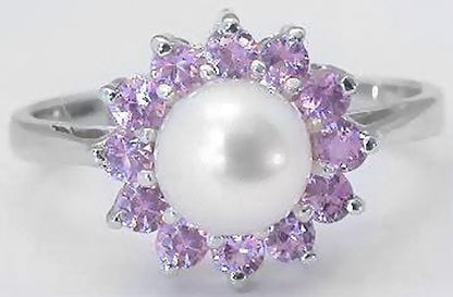 Round Cultured Pearl and Round Pink Sapphire Ballerina Style Ring in 14k white gold