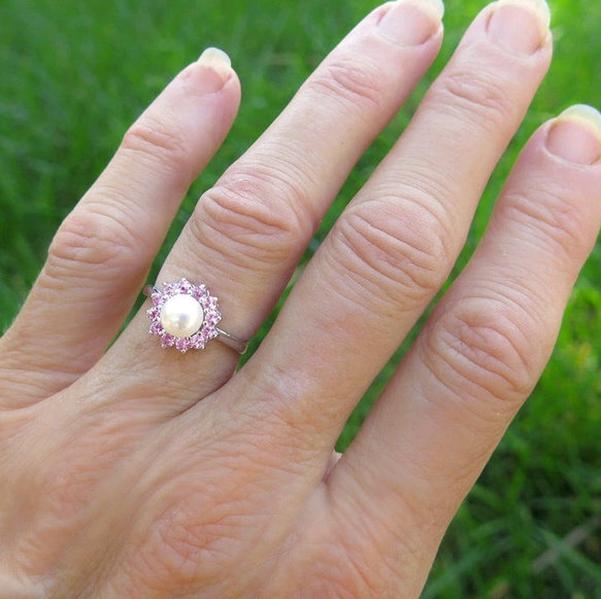 Genuine Freshwater Cultured Pearl and Natural Pink Sapphire Ballerina Styled Ring in 14k white gold