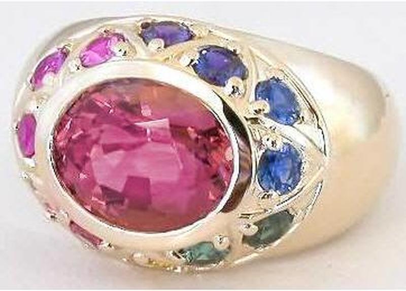 Signature Bold Bezel Set Oval Pink Tourmaline and Rainbow Sapphire Halo Ring in 14k yellow gold