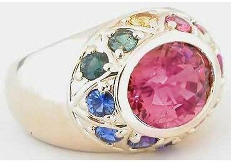 Natural 10x12mm Oval Nigerian Pink Tourmaline and 3mm Round Rainbow Sapphire Ring in 14k yellow gold