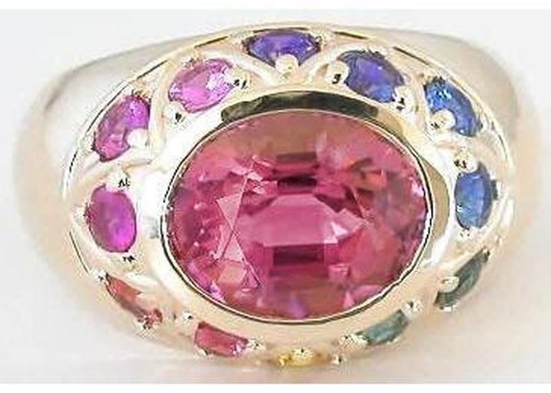 Natural Large Nigerian Oval Pink Tourmaline Ring with 3mm Rainbow Sapphires in 14k yellow gold