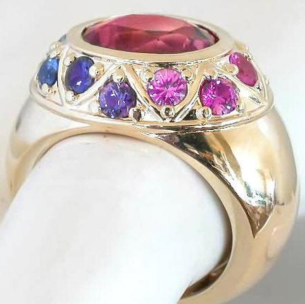 Side Profile View of Bold Bezel Set Pink Tourmaline and Rainbow Sapphire Ring in 14k - AAAAA quality