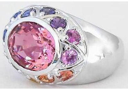 Bold Bezel Set Oval Pink Tourmaline Pastel Rainbow Sapphire Ring in 14k white gold