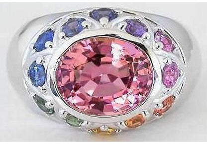 Natural Large Nigerian Pink Tourmaline Ring with Rainbow Sapphires in 14k white gold