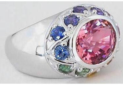 Heavy 14k White Gold Bezel Set Oval Medium Pink Tourmaline with Rainbow Sapphire Halo in 14k white gold