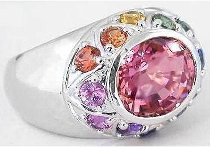 14k White Gold Bezel Set Fine Quality Oval Nigerian Pink Tourmaline Ring with Pastel 3mm Sapphires