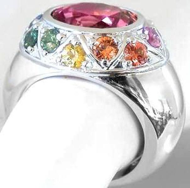 Natural Multicolor Gemstone Ring Featuring Hand Picked Bright and Pastel Sapphires with Pink Tourmaline
