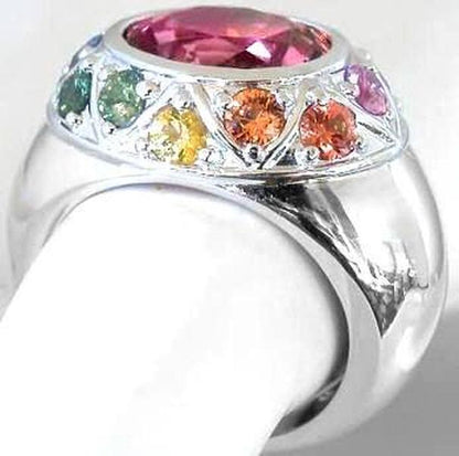 Natural Multicolor Gemstone Ring Featuring Hand Picked Bright and Pastel Sapphires with Pink Tourmaline