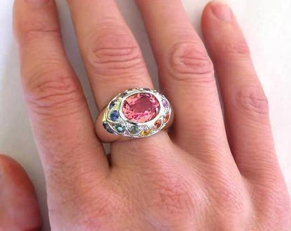 Exceptional Quality Nigerian Oval Cut Pink Tourmaline Rainbow Sapphire Ring in 14k white gold