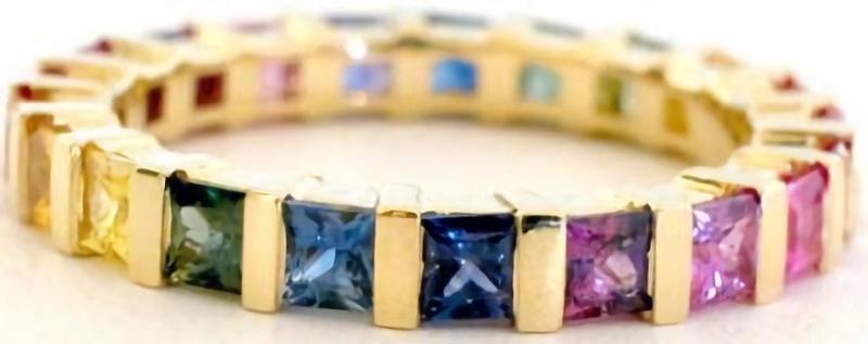 Natural Rainbow Sapphire Eternity Band Ring in 14k yellow gold- bar set Ceylon sapphires