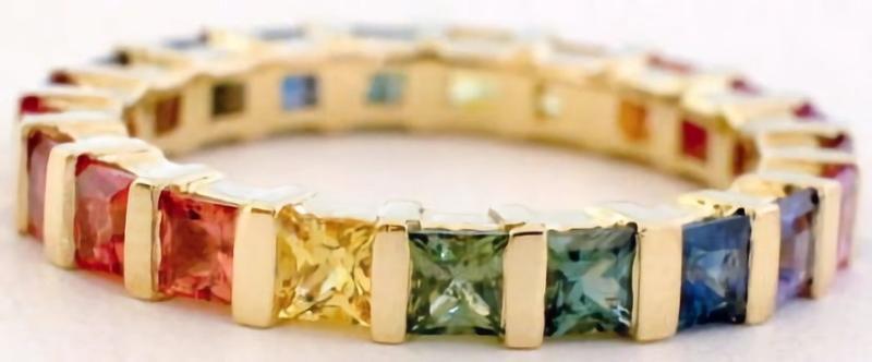 Natural Rainbow Sapphire Eternity Band Ring in 14k yellow gold- bar set Ceylon sapphires