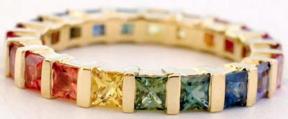 Natural Rainbow Sapphire Eternity Band Ring in 14k yellow gold- bar set Ceylon sapphires