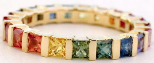 Natural Rainbow Sapphire Eternity Band Ring in 14k yellow gold- bar set Ceylon sapphires
