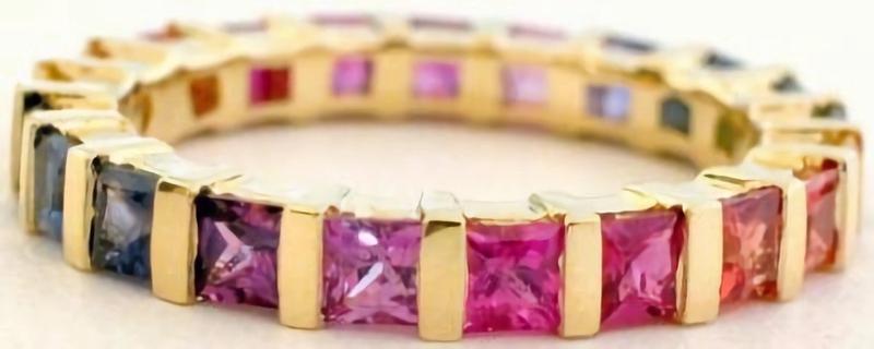 Natural princess cut Rainbow Sapphire Eternity Band Ring in 14k yellow gold- bar set Ceylon sapphires
