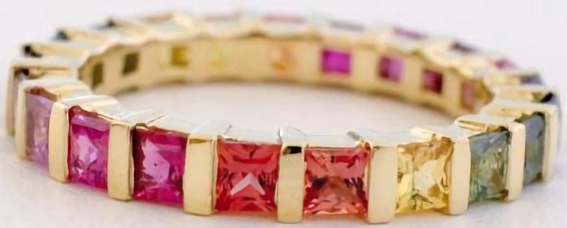 14k Yellow Gold Natural Rainbow Sapphire Eternity Band Ring