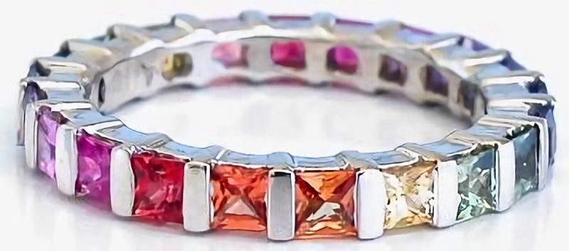 18k White Gold Natural Ceylon Rainbow Sapphire Eternity Band Ring- bar set sapphires