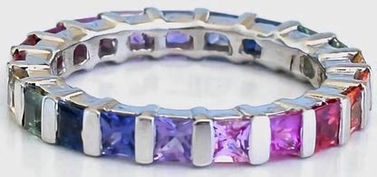 Natural Rainbow Sapphire White Gold Eternity Band Ring- bar set Ceylon sapphires