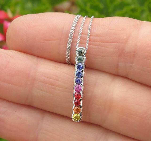Multi color Rainbow Sapphire Line Pendant in 14k white gold Share Pinterest Facebook Rainbow Sapphire Line Pendants   Rainbow Sapphire Line Pendants in 14k white gold   Real Rainbow Sapphire Line Pendant in 14k white gold. Gift Idea