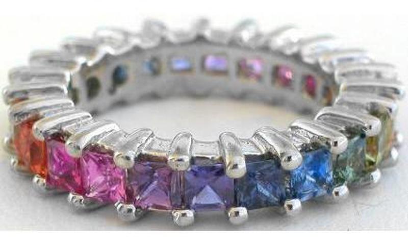 Princess cut natural rainbow sapphire eternity ring in gold