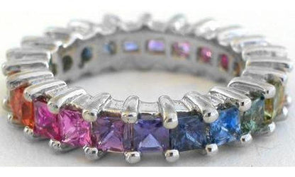 Princess cut natural rainbow sapphire eternity ring in gold