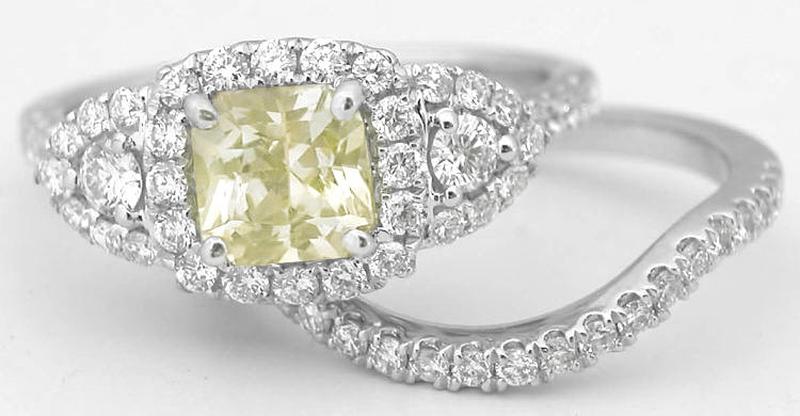 Natural Radiant Cut Yellow Sapphire and Diamond Engagement Ring and Band Set