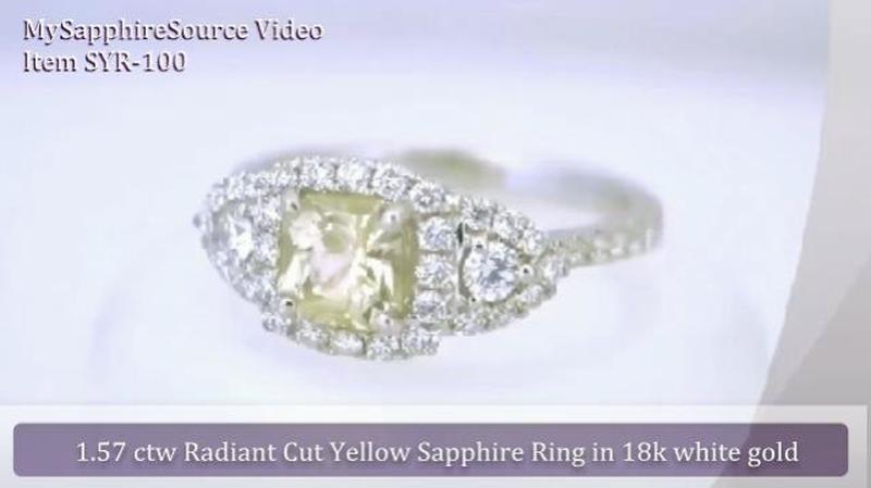 Natural Radiant Yellow Sapphire Three Stone Ring with a Real Diamond Halo in 18k white gold