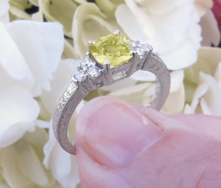 Real Cushion Cut Yellow Sapphire Ring with Cushion cut sapphire, real diamonds and 14k white gold for sale