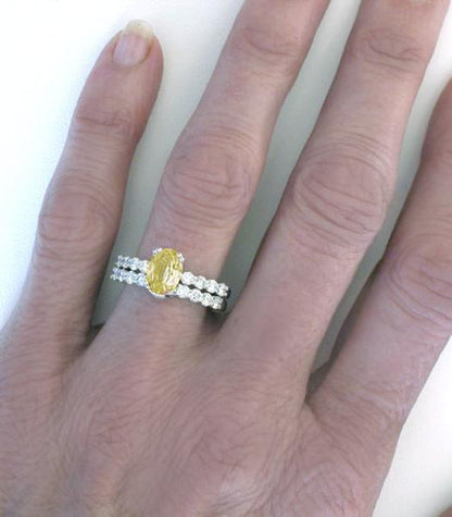 Natural Fine Oval Yellow Sapphire and Diamond Engagement Ring Set in 14k white gold