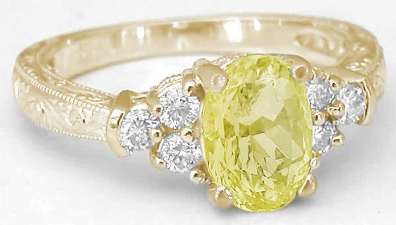 Antique Style Yellow Sapphire Ring with Carved Band in 14k yellow gold