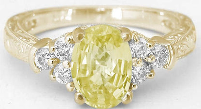 Antique Style Yellow Sapphire Ring with Carved Band in 14k yellow gold