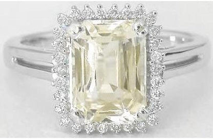 Radiant Yellow Sapphire Ring - Diamond Halo in 14k white gold
