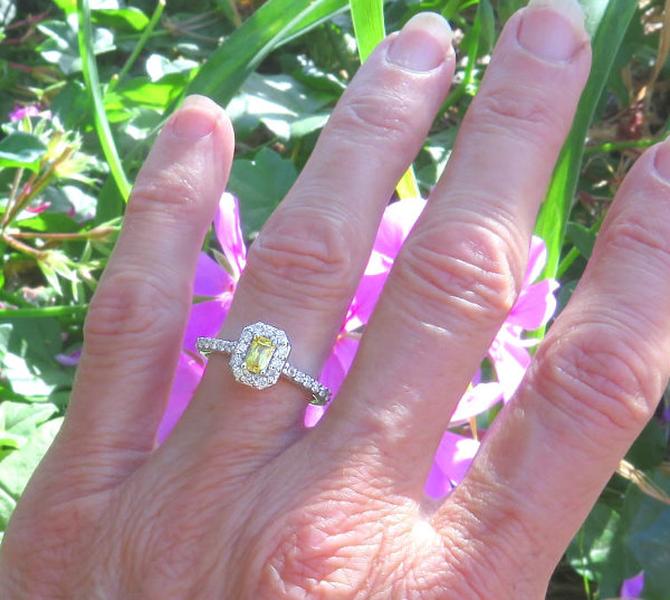 Natural Yellow Sapphire Engagement Ring - with diamond halo and radiant cut sapphire in 14k white gold