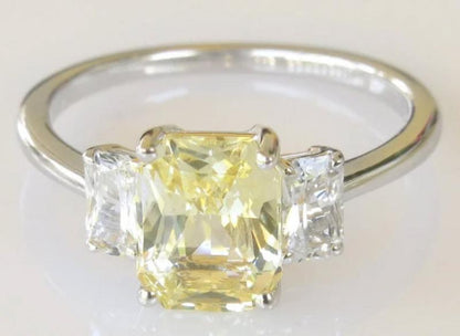 Radiant Cut Natural Yellow and White Sapphire Three Stone Engagement Ring in 14k white gold