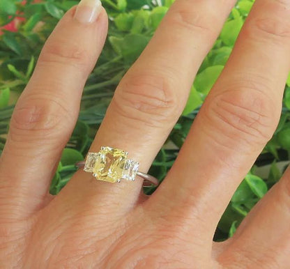 Radiant Cut Natural Yellow and White Sapphire Three Stone Ring in solid 14k white gold