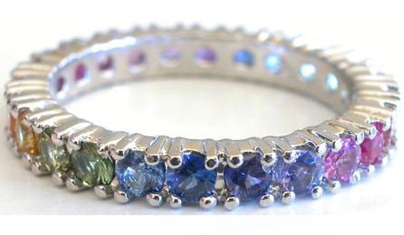 Round natural rainbow sapphire eternity band ring in 14k white gold- around 3 grams of gold