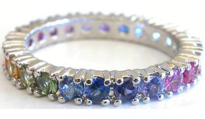 Round natural rainbow sapphire eternity band ring in 14k white gold- around 3 grams of gold