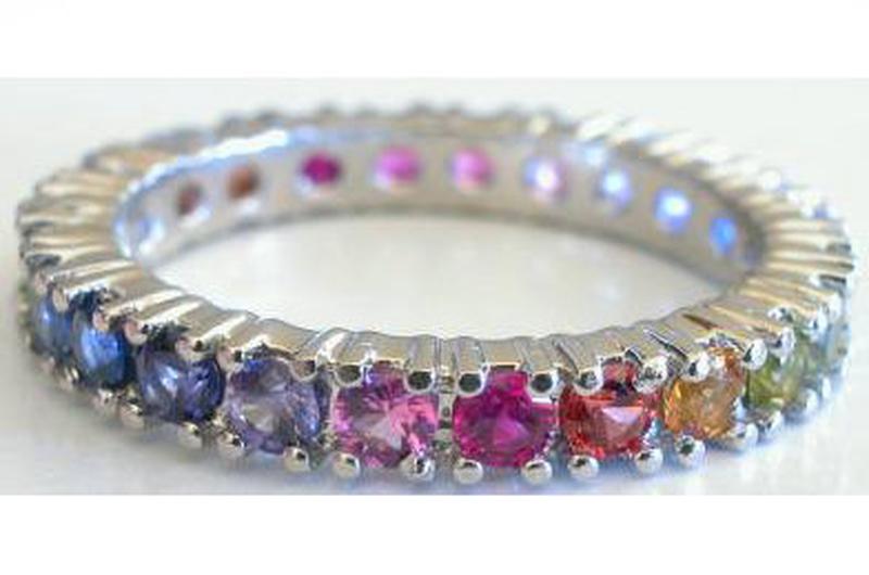 Women's 14k white gold round cut natural rainbow sapphire eternity band ring