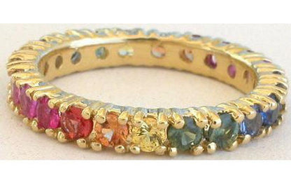 2.5mm Round natural rainbow sapphire eternity band ring in 14k yellow gold