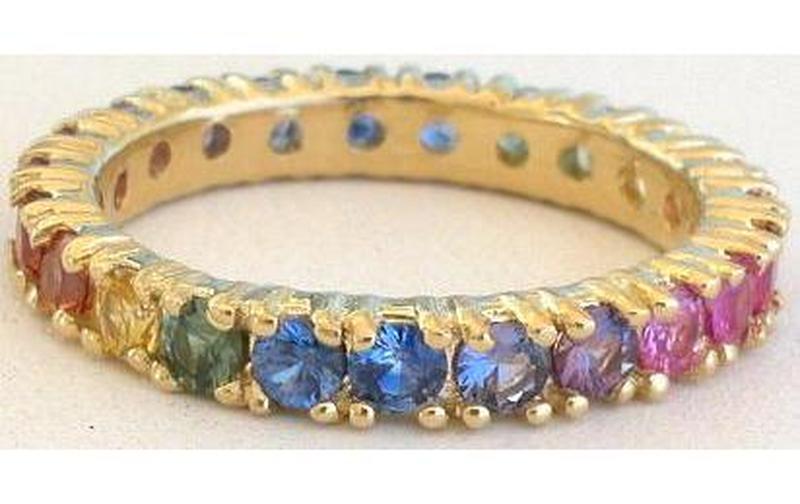Women's round natural rainbow sapphire eternity band ring in 14k yellow gold for sale -Shades of red, orange, yellow, green, blue, purple, and pink