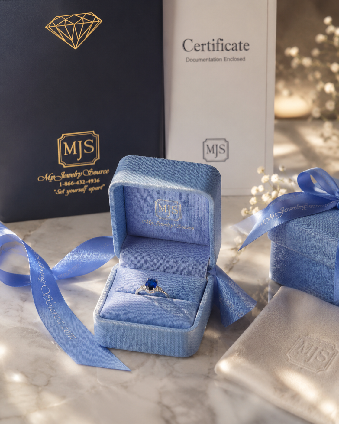 An open light blue velvet MJS ring box displaying a blue gemstone ring on a marble surface, with branded packaging, ribbons, and a certificate in the background.