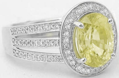 Wide Band Diamond Aceent Natural Unheated Untreated Oval Yellow Sapphire Ring in 14k
