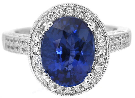 Oval Ceylon Blue Sapphire and Diamond Encrusted Ring in 14k white gold ...
